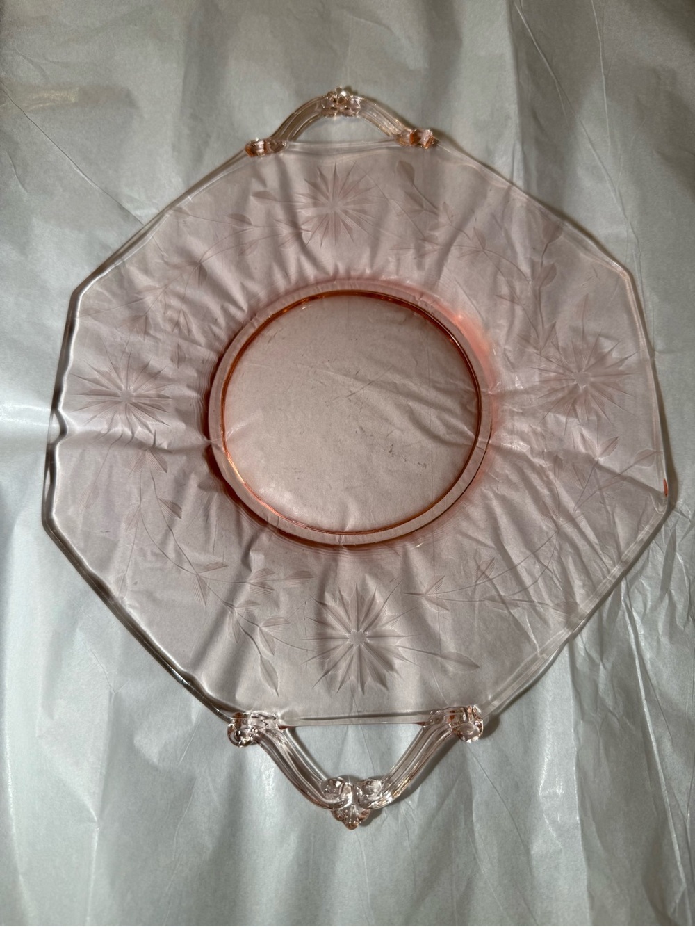 Pink Depression glass platter  13.25”